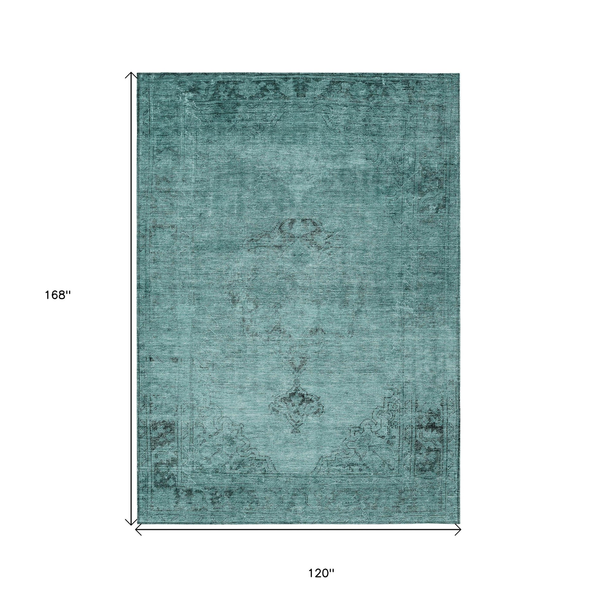 10' X 14' Teal Blue Turquoise And Charcoal Oriental Washable Indoor Outdoor Area Rug-2