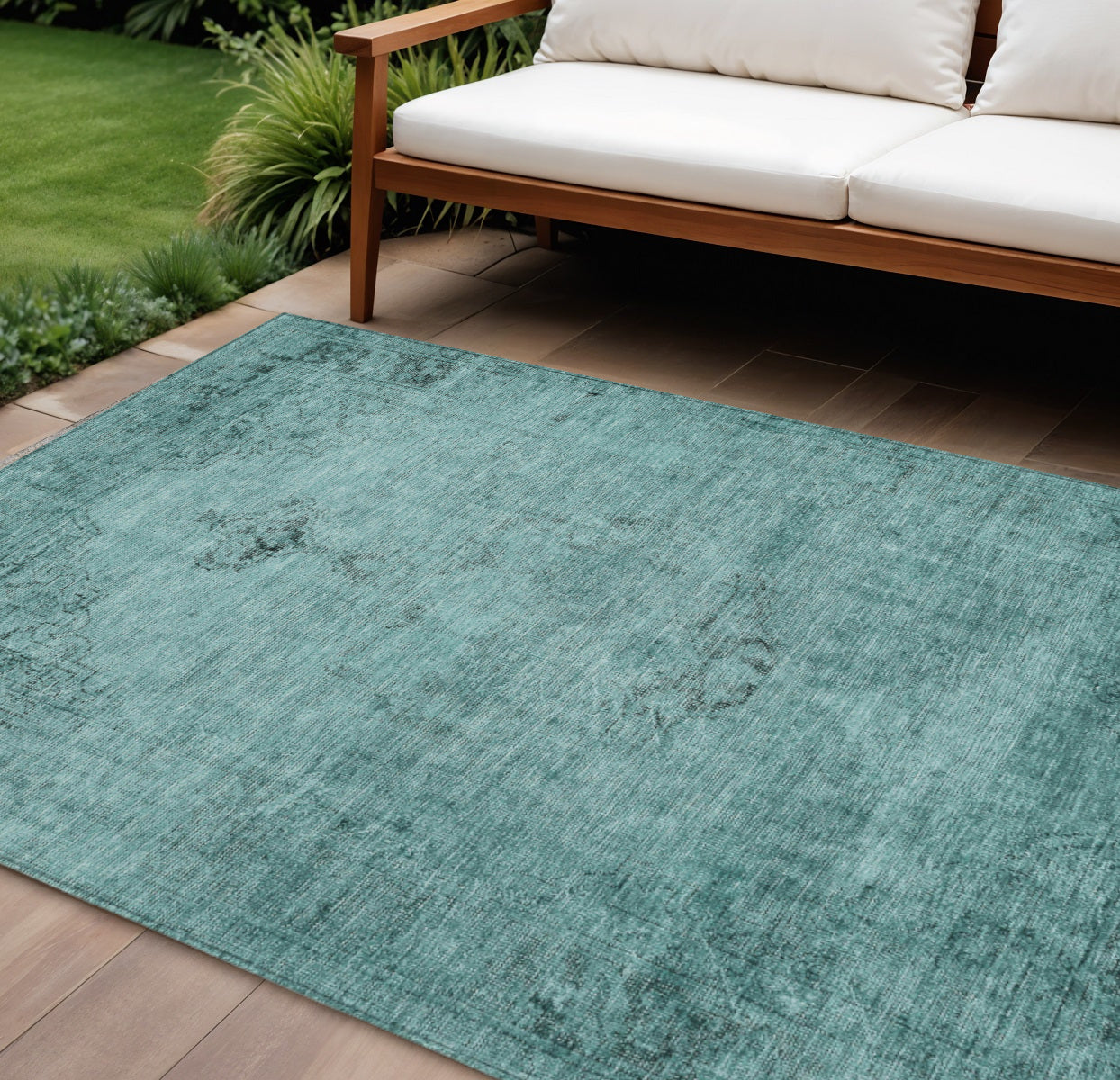 10' X 14' Teal Blue Turquoise And Charcoal Oriental Washable Indoor Outdoor Area Rug-0