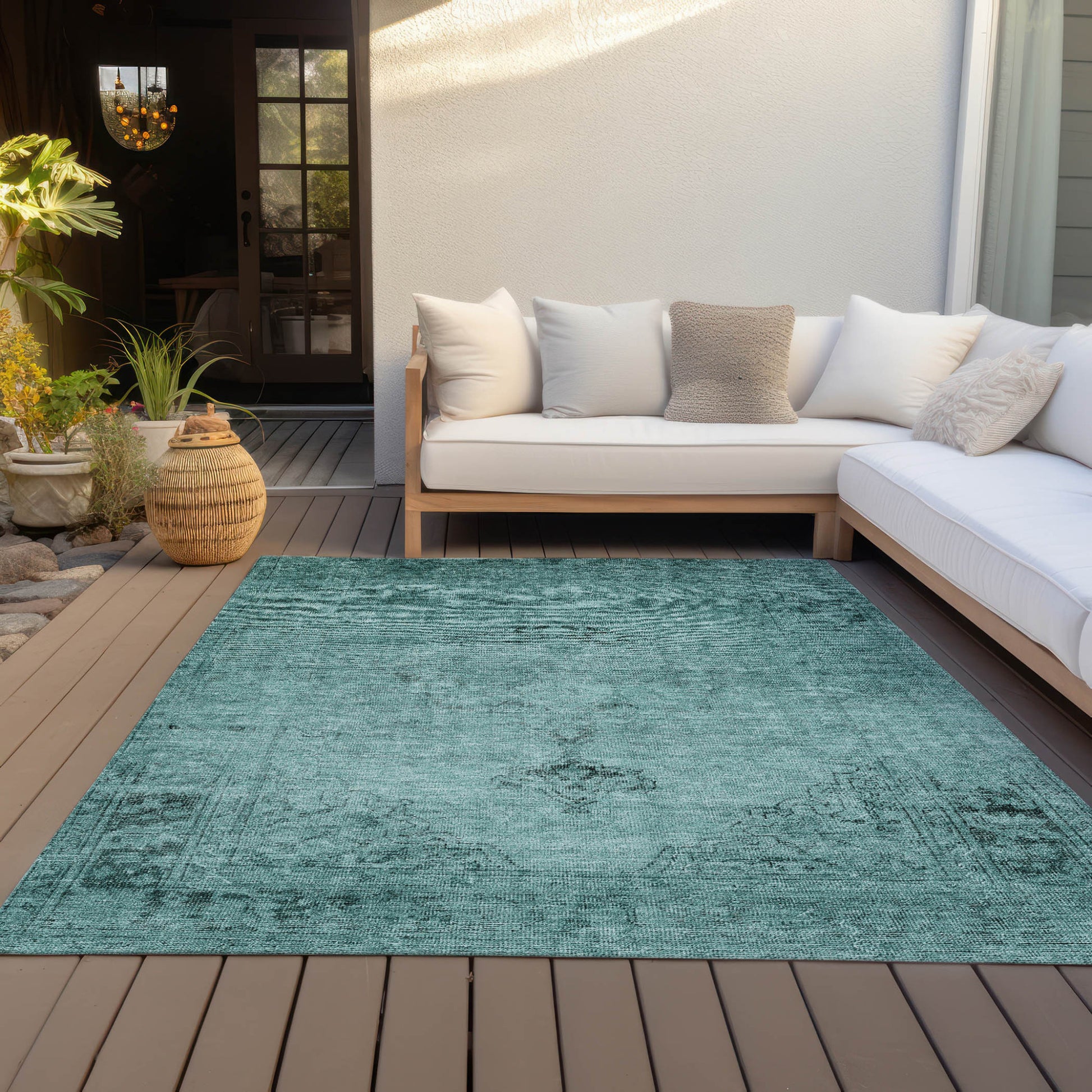10' X 14' Teal Blue Turquoise And Charcoal Oriental Washable Indoor Outdoor Area Rug-5