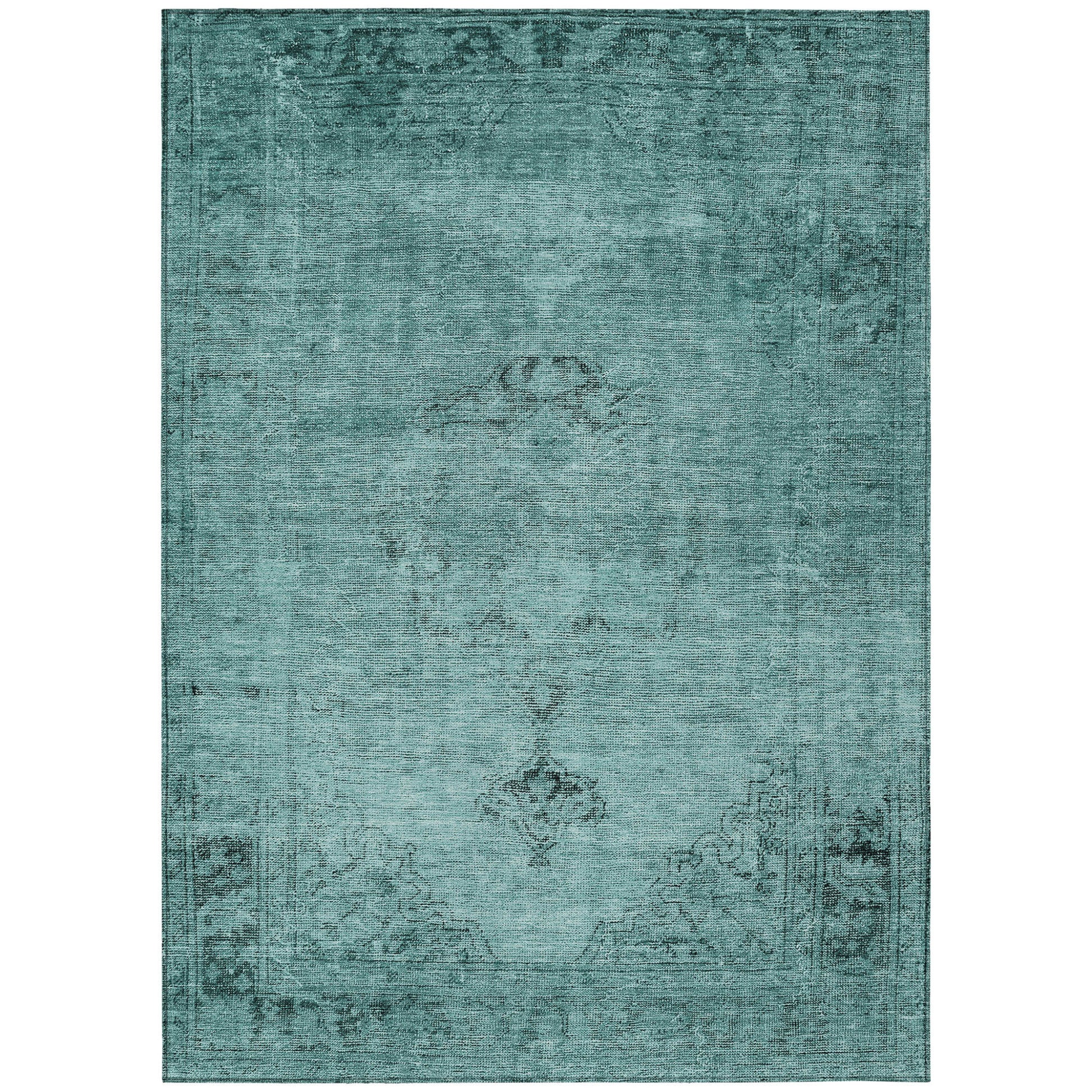 10' X 14' Teal Blue Turquoise And Charcoal Oriental Washable Indoor Outdoor Area Rug-1