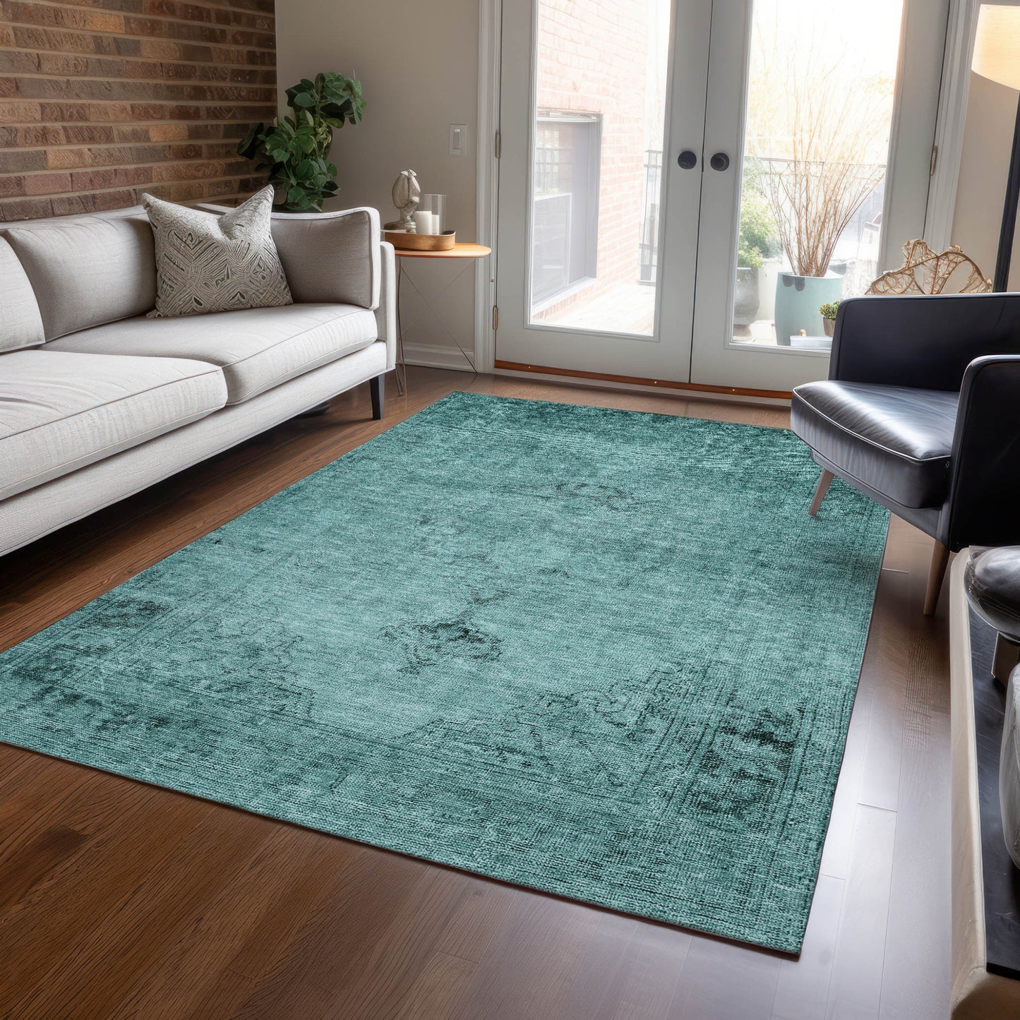 10' X 14' Teal Blue Turquoise And Charcoal Oriental Washable Indoor Outdoor Area Rug-6