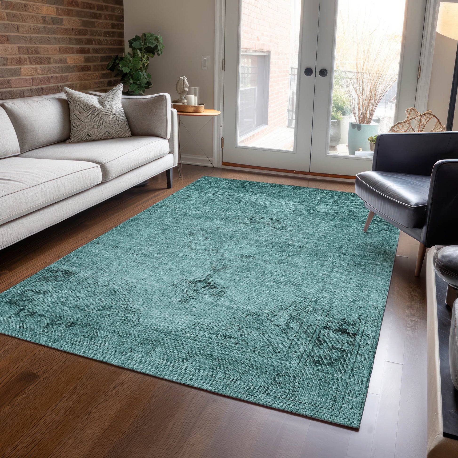 10' X 14' Teal Blue Turquoise And Charcoal Oriental Washable Indoor Outdoor Area Rug-6