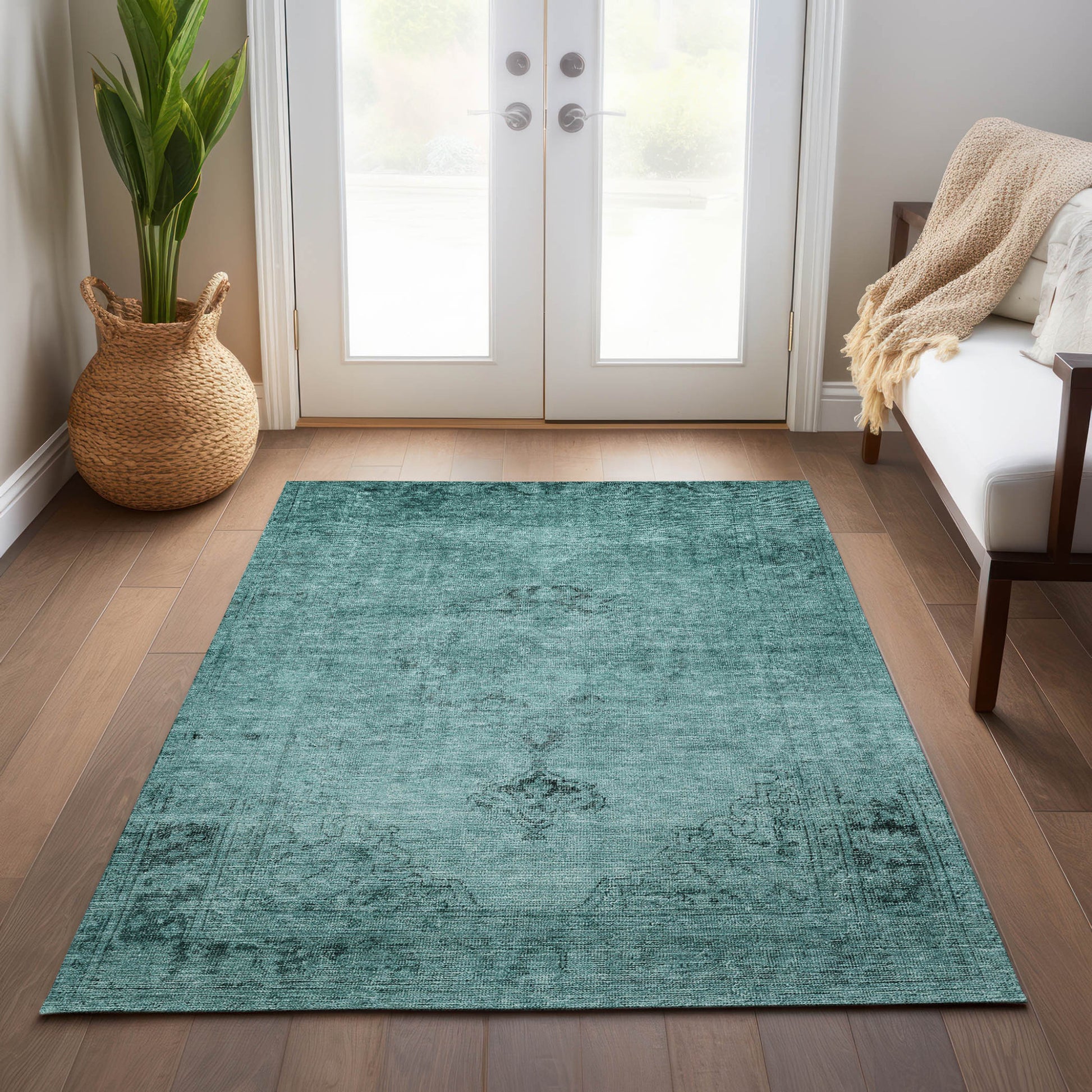10' X 14' Teal Blue Turquoise And Charcoal Oriental Washable Indoor Outdoor Area Rug-7