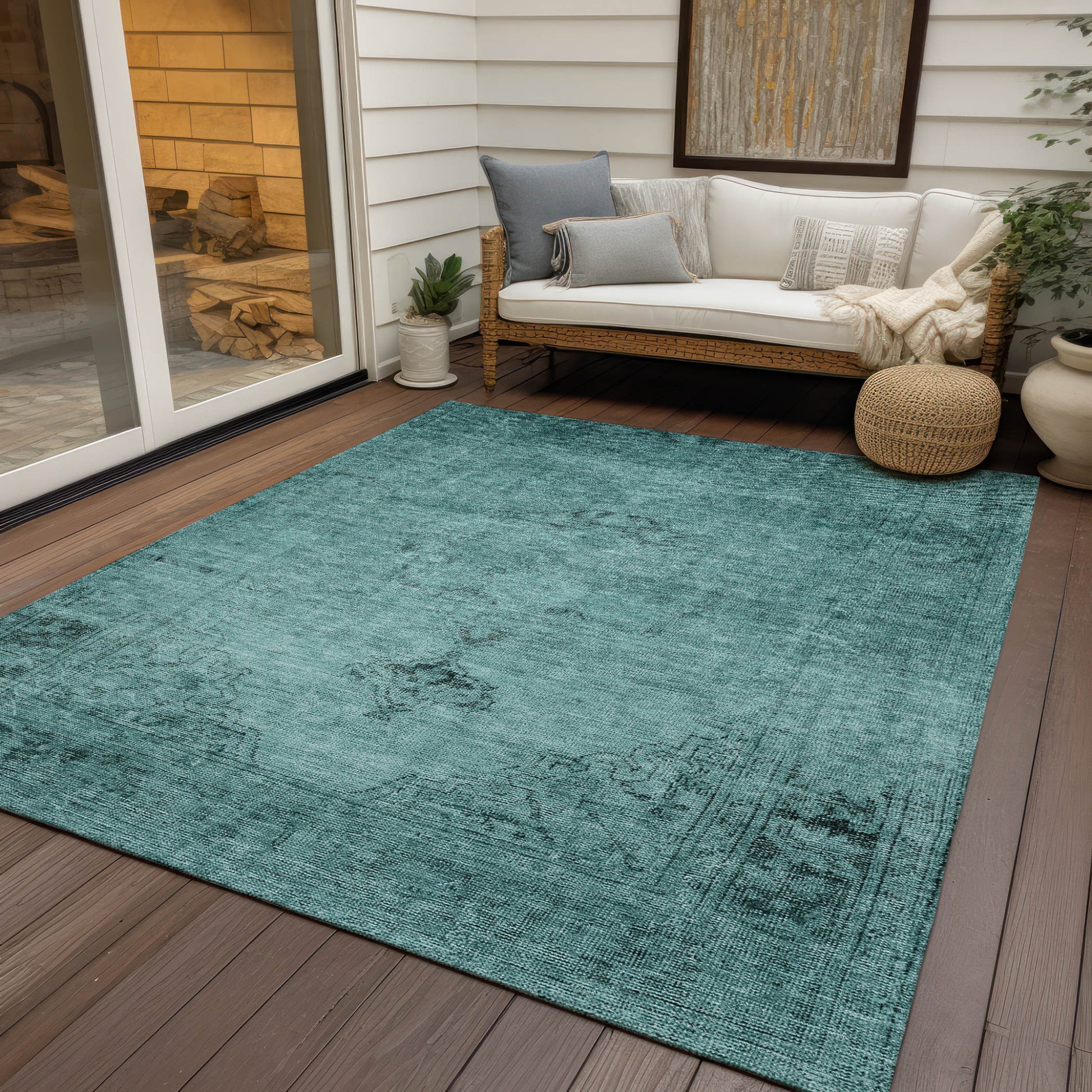 10' X 14' Teal Blue Turquoise And Charcoal Oriental Washable Indoor Outdoor Area Rug-8